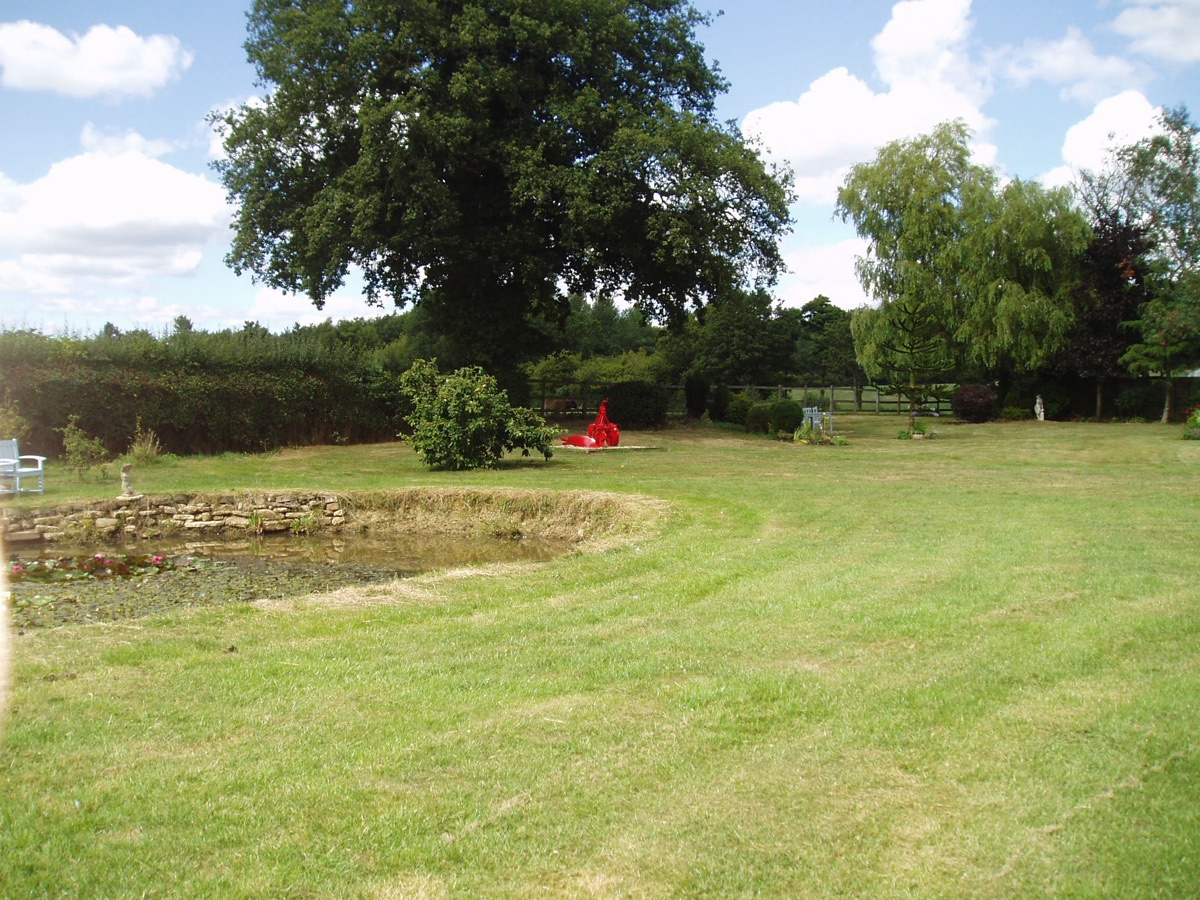 A mature oak standing over mown grassland at Goffsland Farm, with a hedgerow and a pond in the foreground